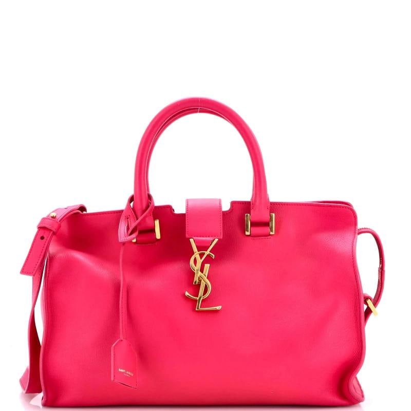 Saint Laurent Monogram Cabas Leather Small: Condition: Pre-owned - Fair,Brand: Saint Laurent,Exterior Material: Leather,Style: Satchels,Exterior Color: Pink,Department: Women,Size: Small,Accessories: Clochette, With Strap Condition: Fair.