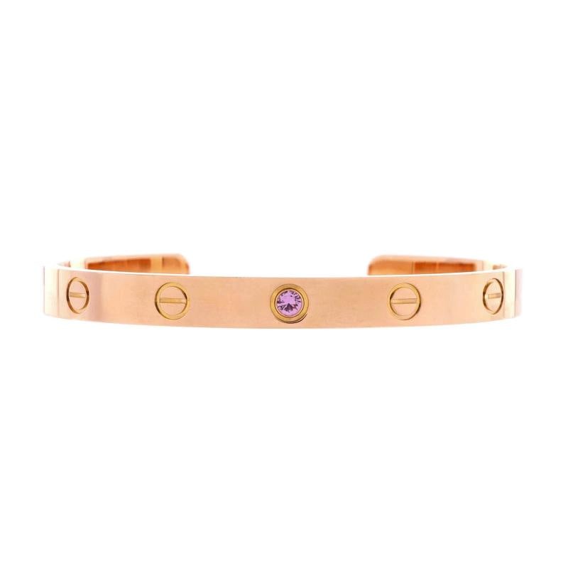Cartier Love Cuff Bracelet 18K Rose Gold with Pink Sapphire: Condition: Pre-owned - Good,Brand: Cartier,Main Stone: Sapphire, Pink,Metal: 18K Rose Gold,Metal Purity: 18K,Style: Cuff,Type: Bracelet,Color: Rose Gold,Material: 18K Rose Gold, Sapphire Condition: Gr
