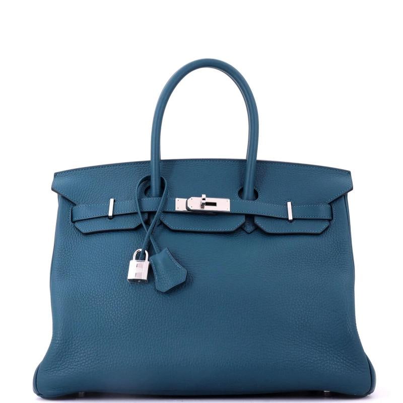 Hermes Birkin Handbag Blue Clemence with Palladium Hardware 35: Accessories: Lock, Keys, Dust Bag, Clochette Measurements: Handle Drop None", Height 10", Width 13.5", Depth 7", Strap Drop None". Condition: Pre-owned - Good,Brand: Hermes,Exterior Material: