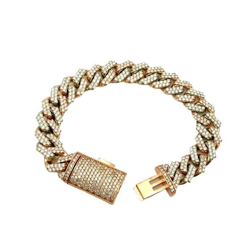 Iced Out Diamonds Cuban Link 10k White & Rose Gold Bracelet 13 mm Wide 8'Inches: Style: Link Metal: 10k White & Rose Gold 69.2 grams Size: 8' Inches Measurements: 13 mm wide - buckle 15 mm Diamonds: 573 Round Brilliant Diamonds Includes: Elegant Bracelet Box .