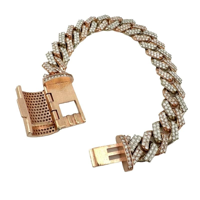 Iced Out Diamonds Cuban Link 10k White & Rose Gold Bracelet 13 mm Wide 8'Inches - 4