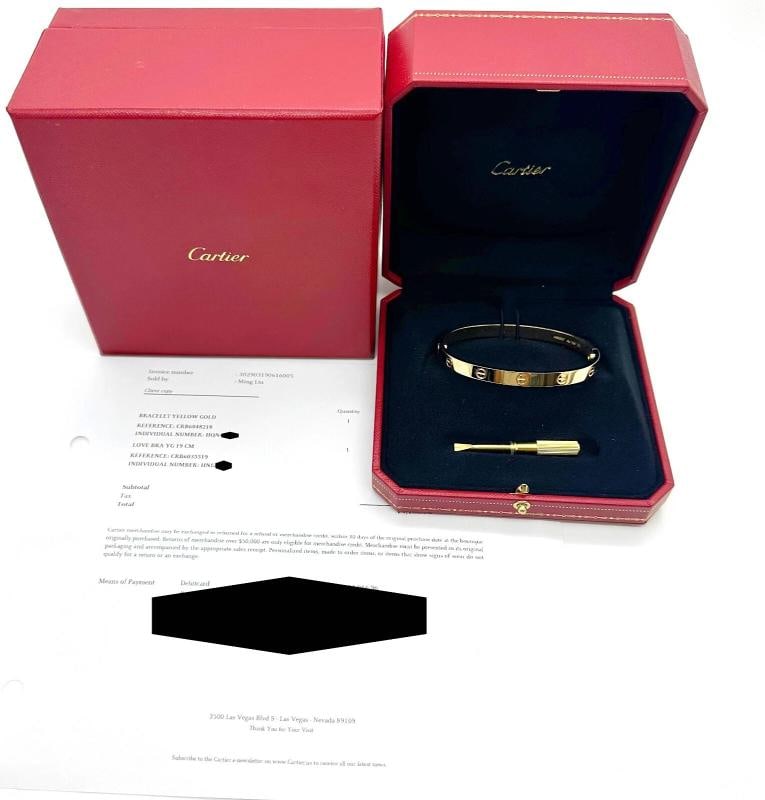CARTIER LOVE Bracelet 18kt Yellow Gold Full Set Box COA SZ 19: Style: Bangle Metal: 18kt Yellow Gold Ref.: CRB6035519 Size: 19 Width: 6.1 MM Hallmark: ÃÂ© Cartier 19 HNI***AU750 PGI Includes: Full Set - Inner, Outer Boxes, COA,