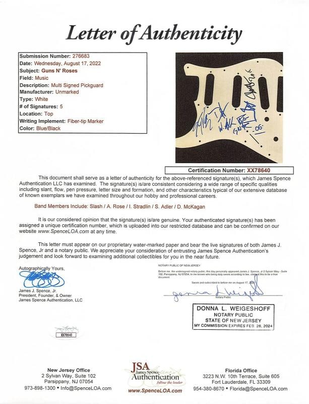 Guns N' Roses: Axl Rose, Slash, Izzy Stradlin, Steven Adler & Duff McKagan Signed Guitar (JSA LOA) - 6