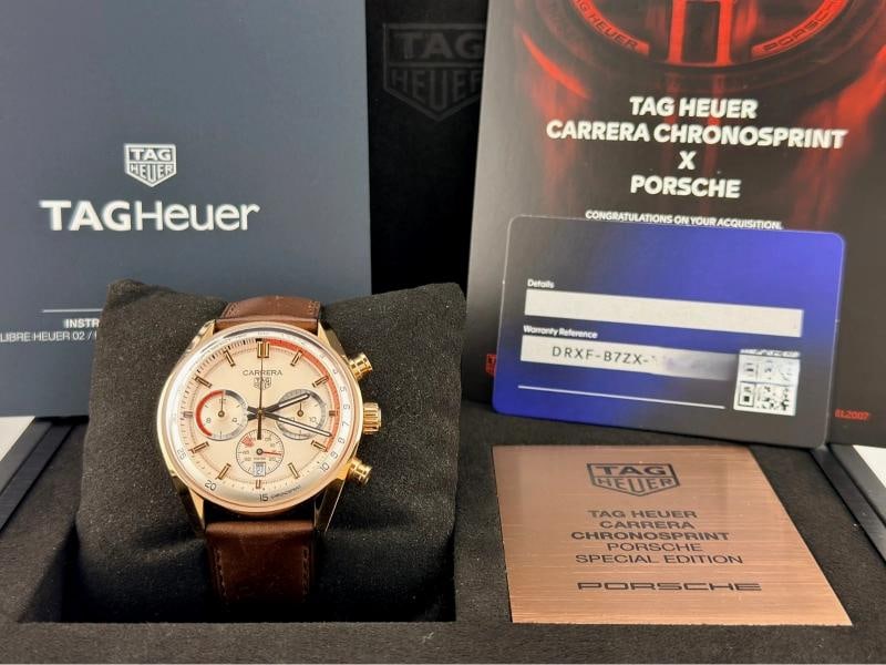 TAG Heuer Carrera Chronosprint Porsche CBS2040.FC8318 42mm Beige 18k Rose Gold: Style Number: CBS2040.FC8318 Model: Tag Heuer Carrera Chronosprint x Porsche Special Edition Case Material: 18k Rose Gold Band: Brown Leather Strap Bezel: Steel Dial: Beige Crystal: