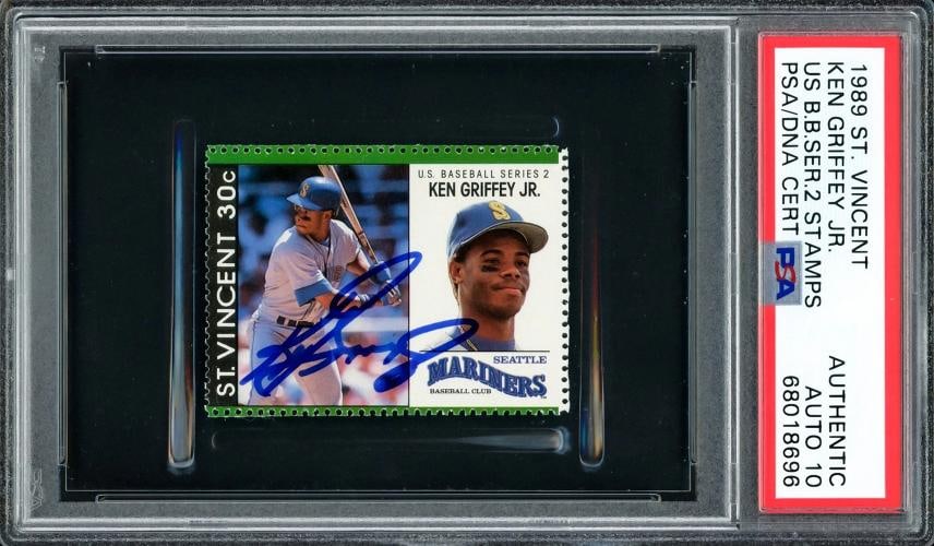 Ken Griffey Jr. Signed 1989 St. Vincent Stamp Rookie Baseball Sig 10 PSA/DNA: Player: Ken Griffey Jr.,Team: Seattle Mariners,Sport: Baseball-MLB,Product: Memorabilia,Signed: Yes,Autograph Authentication: Professional Sports Authenticator (PSA),Original/Reprint: