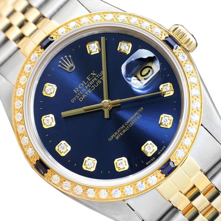 MENS ROLEX DATEJUST 16013 QUICKSET 2TONE BLUE DIAMOND SAPPHIRE 18K GOLD SS WATCH: Condition: Pre-owned - Good,Bezel Color: Gold,Max Wrist Size: 7.26-7.5 in,Number of Jewels: 27 Jewels,Indices: Diamond Markers, 12-Hour Dial, Multiple Hands,Band/Strap: Bracelet/Link Band,Case Thickne