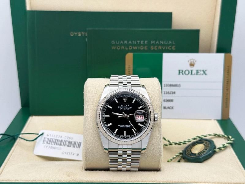 2018 Rolex Datejust 116234 36mm Black Dial Roulette 18k Gold Steel Box Paper: Condition: Pre-owned - Excellent,Bezel Color: Silver,Closure: Hidden Fold Clasp,Indices: Stick Indexes,Year Manufactured: 2010-2019,Band/Strap: Rolex Jubilee,Case Color: Silver,Department: Men,Bezel
