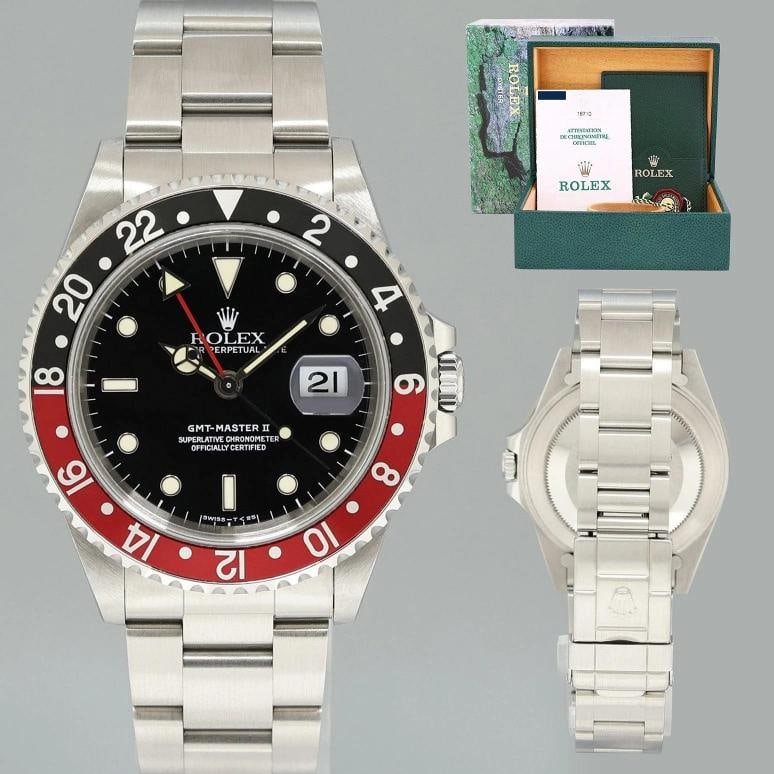 PAPERS 1997 MINT Rolex GMT-Master II Coke Red Black Steel 16710 40mm Watch Box: Brand Rolex (Guaranteed Authentic) Model GMT-Master II 'Coke' Reference Number 16710 Serial Number U Gender Men's Metal Stainless Steel Case Size 40.00mm Wrist Size This watch will currently
