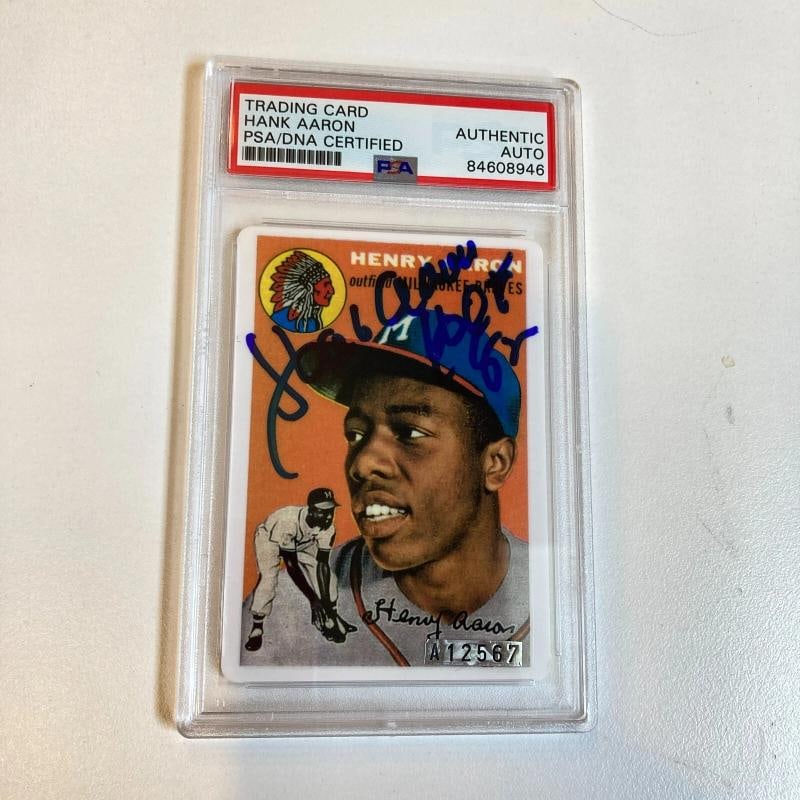 1954 Topps Hank Aaron RC Signed Porcelain Baseball Card PSA DNA HOF 1982: Condition: Ungraded - Excellent: Not in original packaging or professionally graded ,Type: Sports Trading Card,Sport: Baseball,Autographed: Yes,Autograph Format: Hard Signed,Autograph Authentication:
