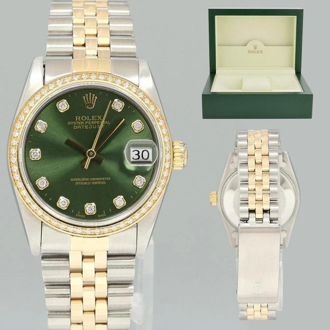 Ladies Rolex 68273 Two Tone Jubilee Yellow Gold Steel 31mm Green Diamond Dial: Condition: Pre-owned - Excellent,Brand: Rolex,Department: Women,Type: Wristwatch,Customized: Yes,Country of Origin: Switzerland Brand Rolex (Guaranteed Authentic) Model DateJust Reference Number 68273