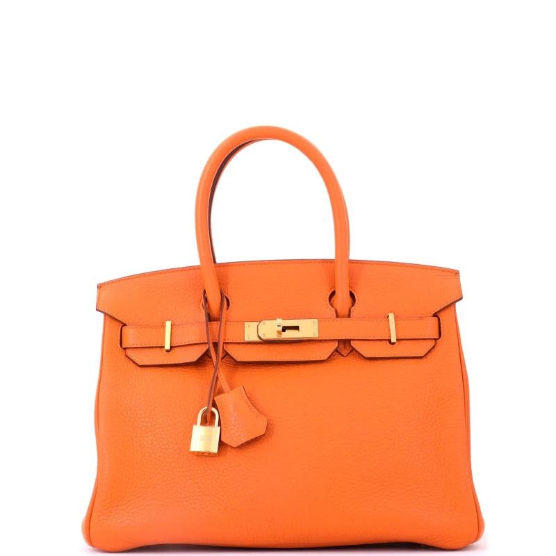 Hermes Birkin Handbag Orange Clemence with Gold Hardware 30: Accessories: Lock, Keys, Clochette Measurements: Height 9", Width 11.5", Depth 6". Condition: Pre-owned - Good,Brand: Hermes,Exterior Material: Leather,Style: Top Handle,Exterior Color: