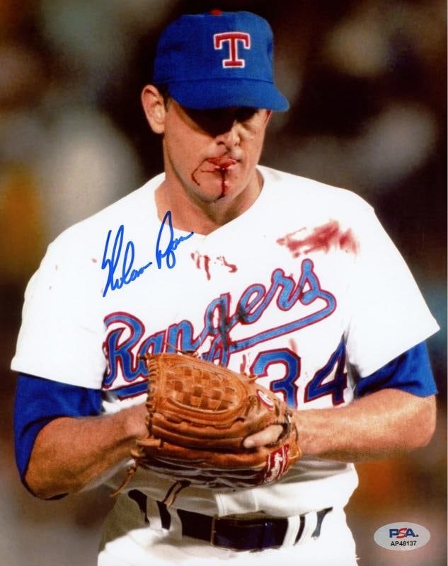 Nolan Ryan Autographed Signed 8x10 Photo Texas Rangers Bloody Lip PSA/DNA: Player: Nolan Ryan,Team: Texas Rangers,Sport: Baseball-MLB,Product: Photo,Signed: Yes,Autograph Authentication: Professional Sports Authenticator (PSA),Original/Reprint: Original,Country of Origin: