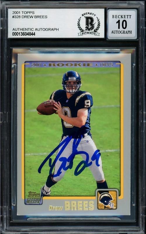 Drew Brees Signed 2001 Topps RC 328 San Diego Chargers Auto GM 10 Beckett: Condition: Ungraded - Very good: Not in original packaging or professionally graded ,Player/Athlete: Drew Brees,Player: Drew Brees,Team: San Diego Chargers,Sport: Football,Product: Card,Autographed: