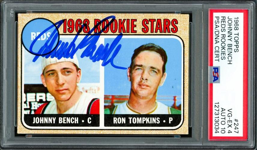Johnny Bench Signed 1968 Topps RC 247 Cincinnati Reds PSA 4 Auto GM 10 PSA/DNA: Condition: Ungraded - Very good: Not in original packaging or professionally graded ,Player/Athlete: Johnny Bench,Player: Johnny Bench,Team: Cincinnati Reds,Sport: Baseball,Product: Card,Autographed: