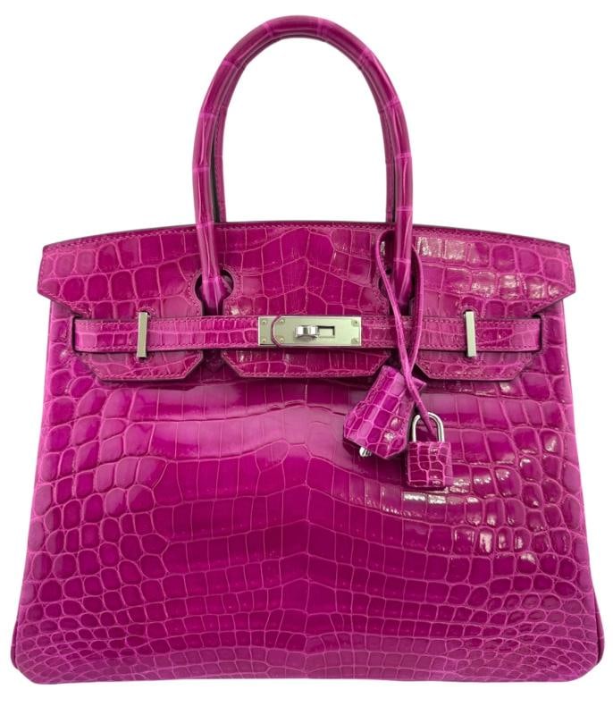 Hermes Birkin 30 Rose Scheherazade Pink Niloticus Crocodile Leather Palladium: Bag Width 12 in, Bag Height 9 in, Bag Depth 6 in. Condition: Pre-owned - Good: This item has been gently used but is in good condition. It might have a few signs of use, but all imperfections should