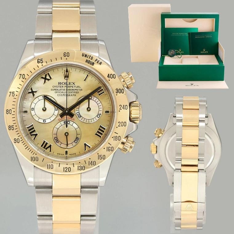 2015 MINT Rolex Daytona 116523 Champagne Mother of Pearl Yellow Gold Two Tone: Brand Rolex (Guaranteed Authentic) Model Daytona Cosmograph Reference Number 116523 Serial Number Random Gender Men's Metal Stainless Steel and Yellow Gold Case Size 40.00mm Wrist Size This watch