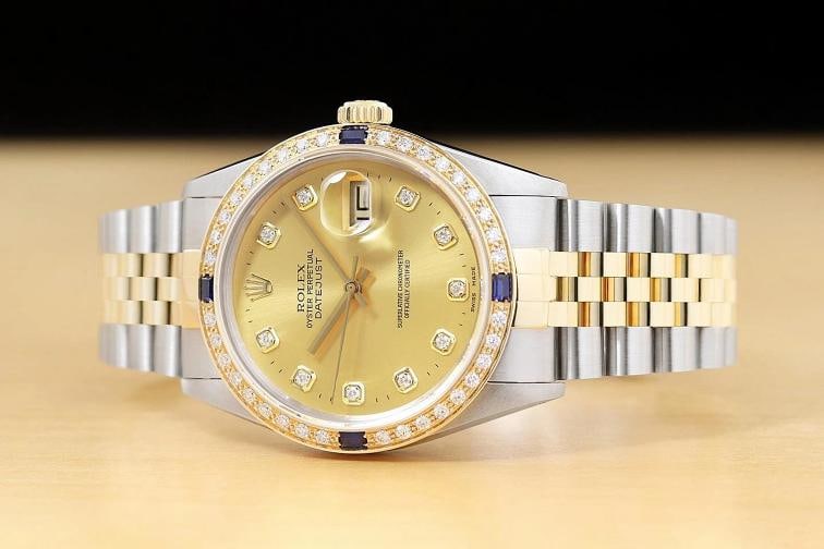 ROLEX DATEJUST 16233 CHAMPAGNE FACTORY DIAMOND SAPPHIRE 18K GOLD STEEL WATCH - 2