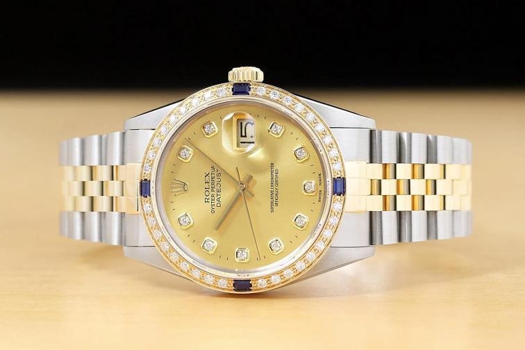 ROLEX DATEJUST 16233 CHAMPAGNE FACTORY DIAMOND SAPPHIRE 18K GOLD STEEL WATCH - 3