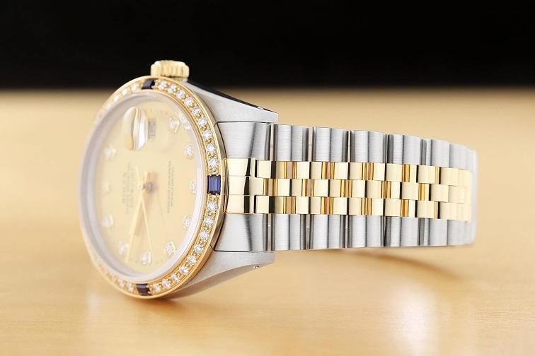 ROLEX DATEJUST 16233 CHAMPAGNE FACTORY DIAMOND SAPPHIRE 18K GOLD STEEL WATCH - 4