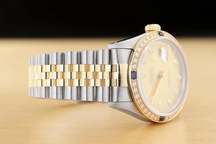 ROLEX DATEJUST 16233 CHAMPAGNE FACTORY DIAMOND SAPPHIRE 18K GOLD STEEL WATCH - 7