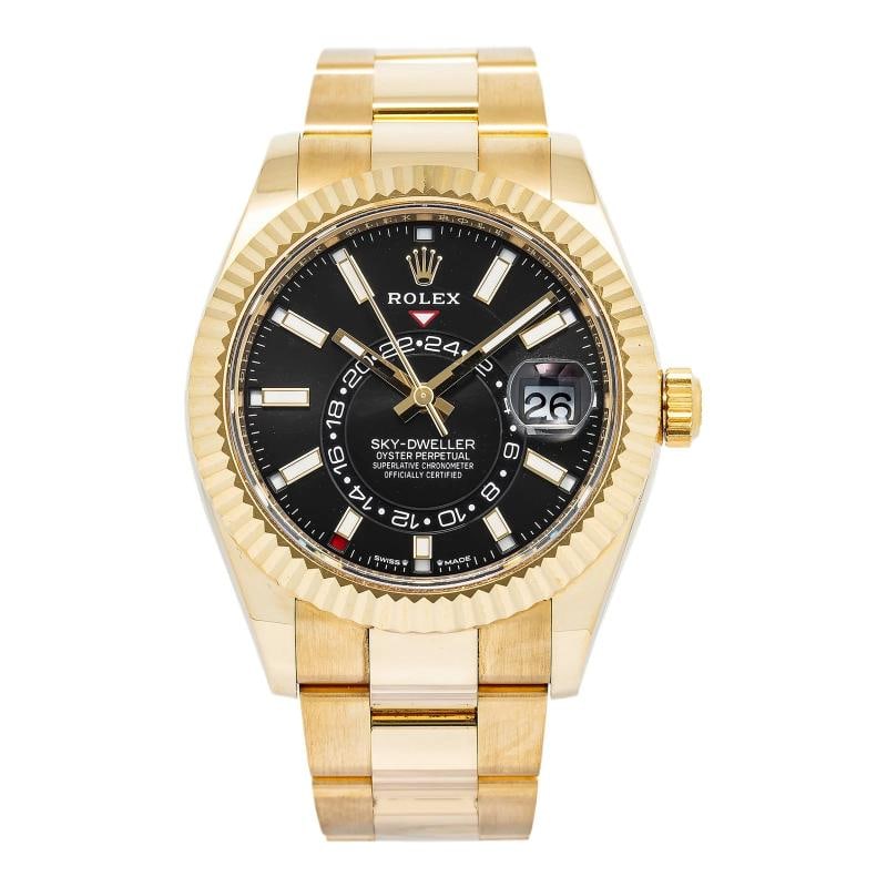 Rolex Sky-Dweller 336938 MINT 18k Yellow Gold Black Dial Men's Watch 42mm: Case Size 42mm Wrist Fit 6.5inches Box no Papers no Condition Ã¢â‚¬â€ Used - Like New Full Specifications Brand ROLEX Customized no Serial # 9C3xxxxx