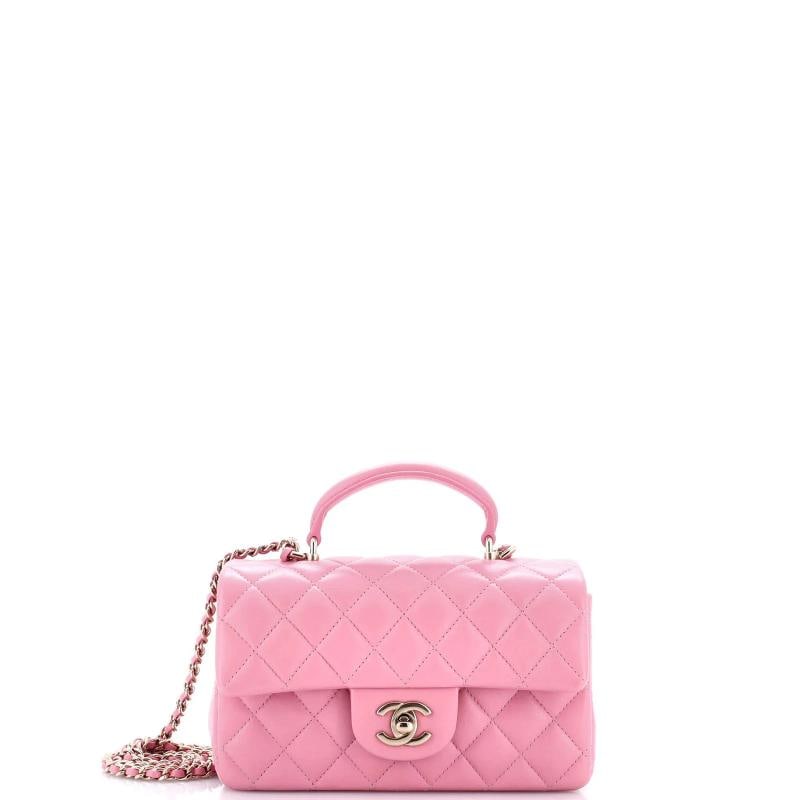 Chanel Classic Single Flap Top Handle Bag Quilted Lambskin Mini: Measurements: Handle Drop 4", Height 5", Width 7.5", Depth 2.5", Strap Drop 19" . Condition: Pre-owned - Excellent,Brand: Chanel,Exterior Material: Leather,Style: Shoulder Bags,Exterior Color: