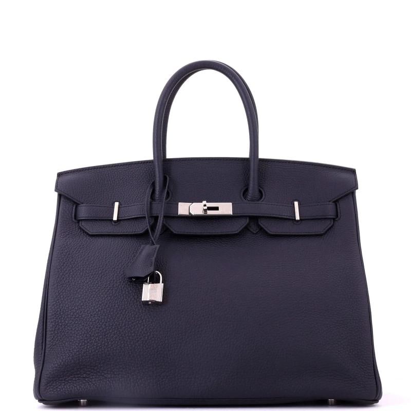 Hermes Birkin Handbag Blue Togo with Palladium Hardware 35: Accessories: Keys, Dust Bag, Lock, Clochette Measurements: Handle Drop 4", Height 10", Width 13.5", Depth 7", Strap Drop None". Condition: Pre-owned - Good,Brand: Hermes,Exterior Material:
