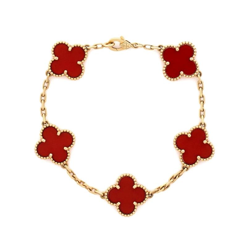 Van Cleef & Arpels Vintage Alhambra 5 Motifs Bracelet 18K Yellow Gold: Measurements: Circumference: 6.75 ", Width: 14.80 mm . Condition: Pre-owned - Good,Brand: Van Cleef & Arpels,Main Stone: Carnelian,Metal: 18K Yellow Gold,Metal Purity: 18K,Style: Bracelet,Type: Bracel