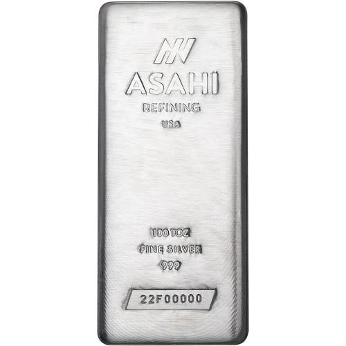 100 oz Silver Bar - Asahi Refining .999 Fine: Country of Origin: United States,Certification: Uncertified,Precious Metal Content per Unit: 100 oz,Coin: Asahi Silver Bars,Brand/Mint: Asahi,Fineness: 0.999,Total Precious Metal Content: 100