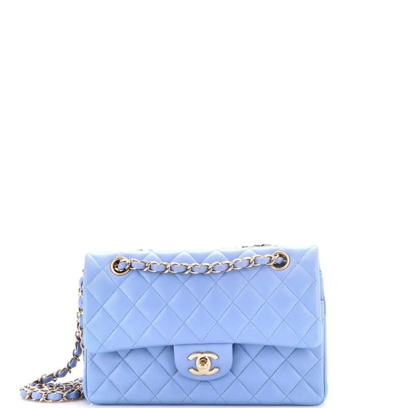 Chanel Classic Double Flap Bag Quilted Lambskin Small: Condition: Pre-owned - Good,Brand: Chanel,Exterior Material: Leather,Style: Shoulder Bags,Exterior Color: Blue,Department: Women,Size: Small,Accessories: Dust Bag Estimated Retail Price: $10,400 Condi