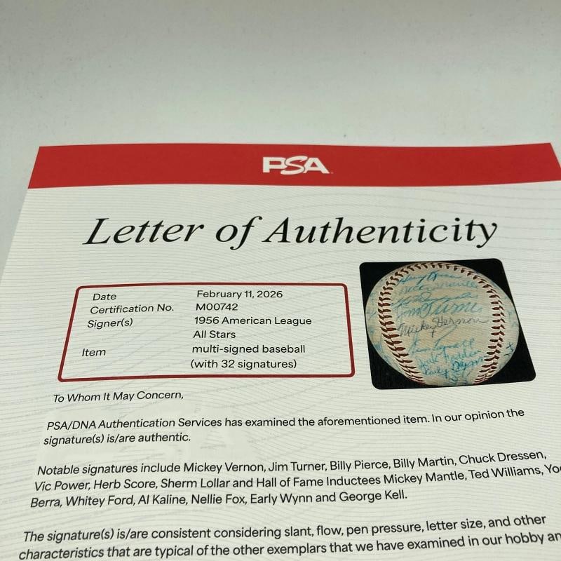 1956 All Star Game Team Signed Baseball Mickey Mantle & Ted Williams PSA DNA COA - 12