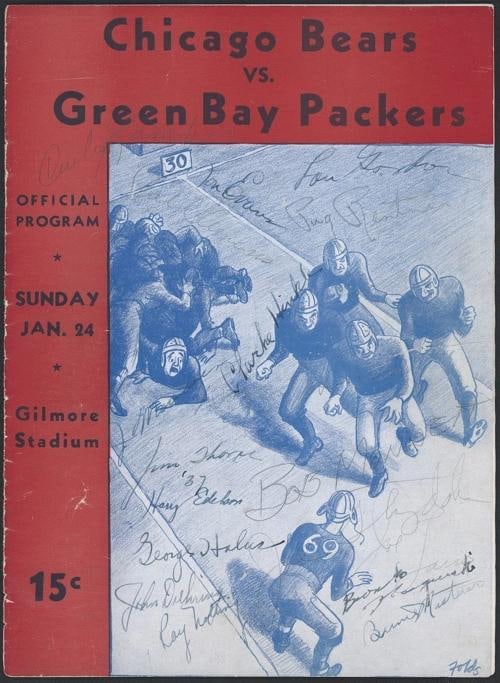 1939 Packers NFL Champs Team Signed Program Curly Lambeau & Jim Thorpe PSA DNA: Offered is an extraordinary 1939 Chicago Bears vs. Green Bay Packers multi-signed program boasting 17 signatures from legends of the gridiron with autograph grade of PSA 8. Among the highlights are
