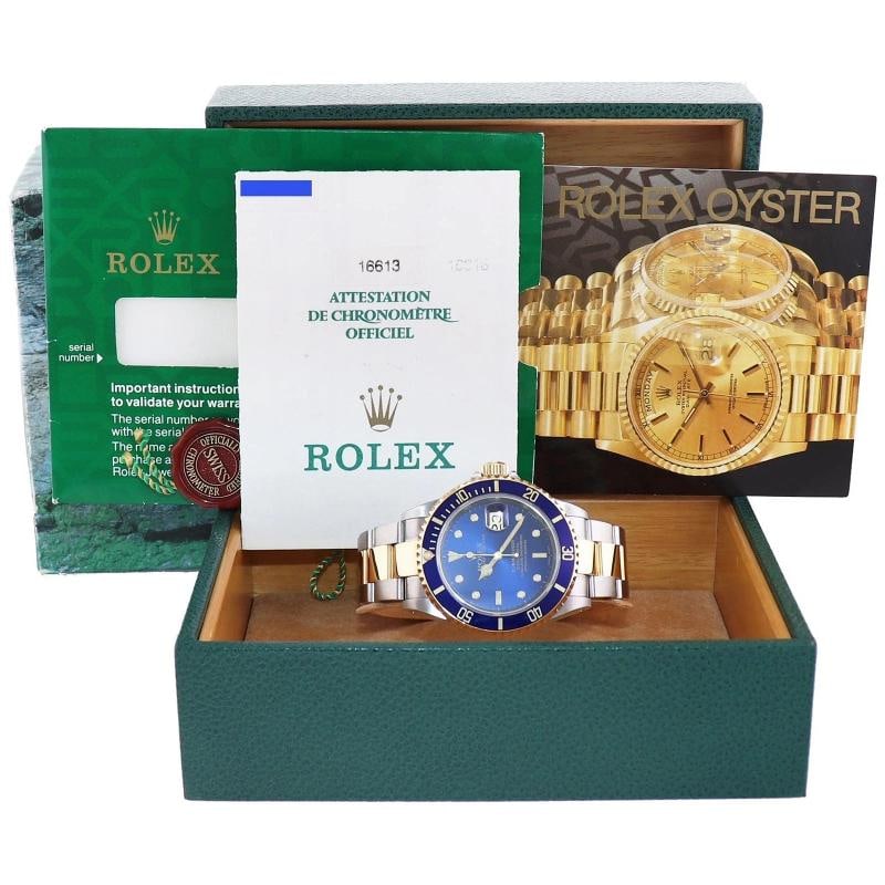PAPERS 2000 Rolex Submariner 16613 Gold Steel Two Tone Sunburst Blue Watch - 11