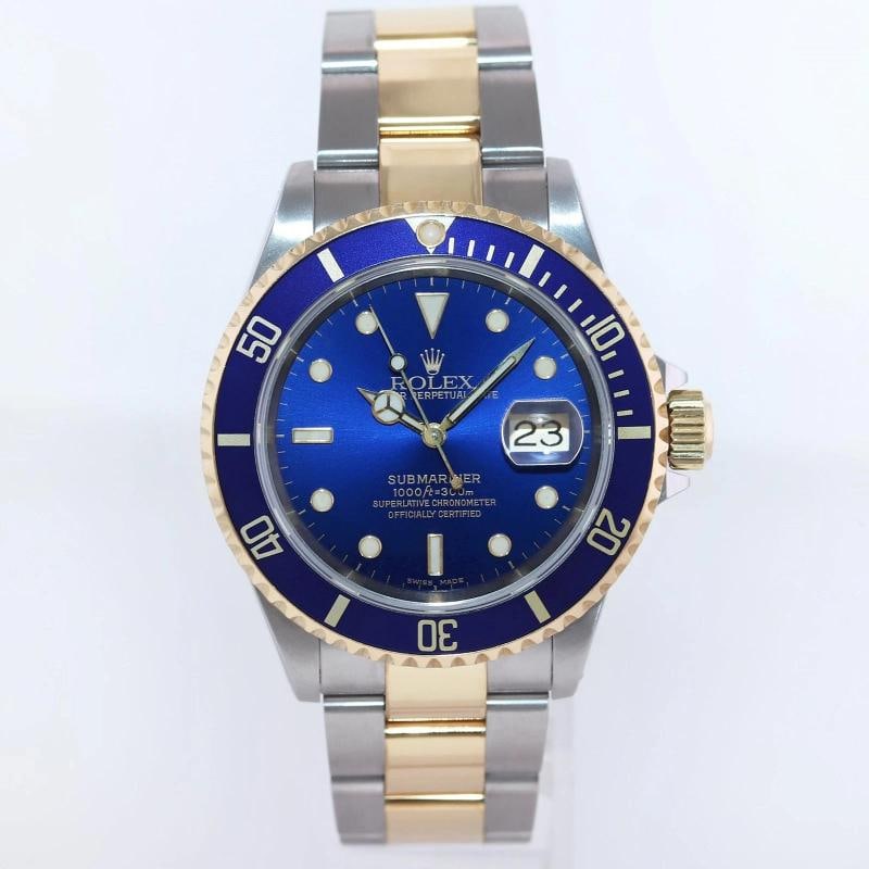 PAPERS 2000 Rolex Submariner 16613 Gold Steel Two Tone Sunburst Blue Watch - 2