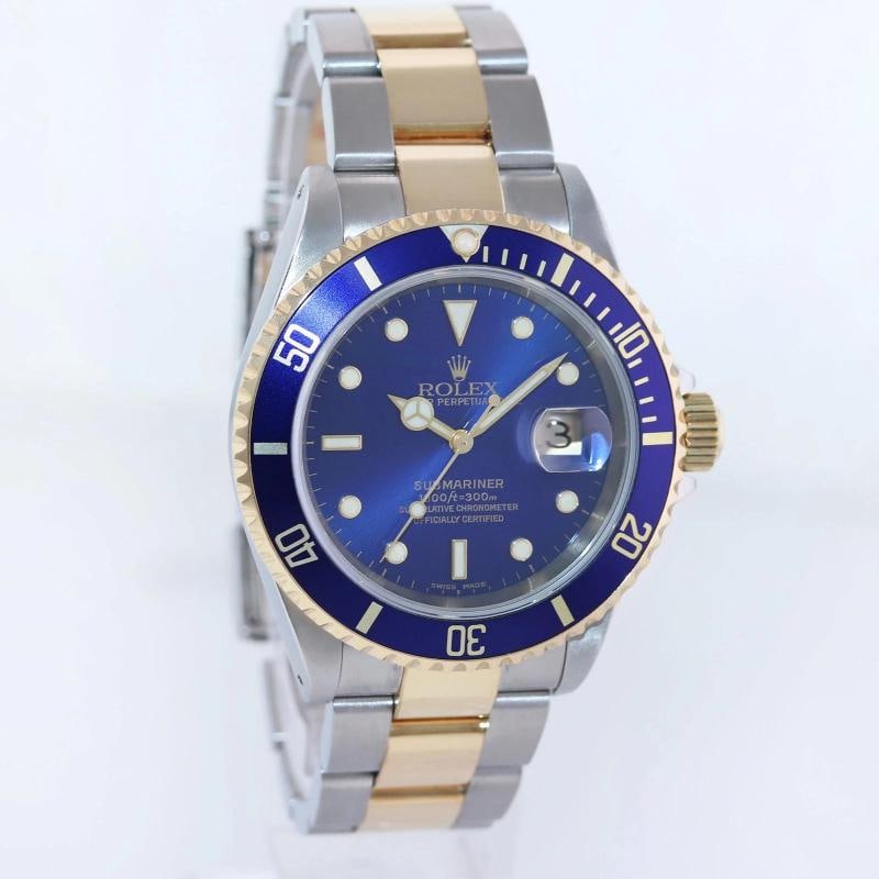 PAPERS 2000 Rolex Submariner 16613 Gold Steel Two Tone Sunburst Blue Watch - 3