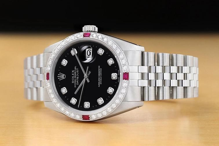 ROLEX MENS DATEJUST 16234 BLACK FACTORY DIAMOND RUBY 18K WHITE GOLD STEEL WATCH - 2