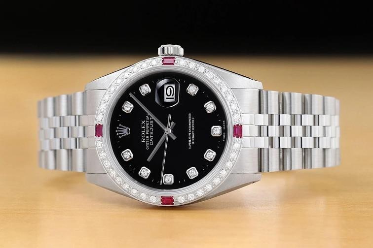 ROLEX MENS DATEJUST 16234 BLACK FACTORY DIAMOND RUBY 18K WHITE GOLD STEEL WATCH - 3