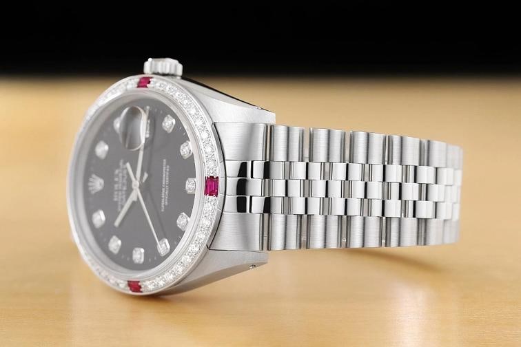 ROLEX MENS DATEJUST 16234 BLACK FACTORY DIAMOND RUBY 18K WHITE GOLD STEEL WATCH - 4