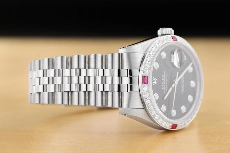 ROLEX MENS DATEJUST 16234 BLACK FACTORY DIAMOND RUBY 18K WHITE GOLD STEEL WATCH - 7