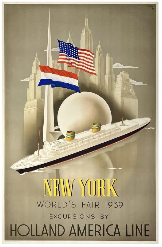 Original Vintage Poster HOLLAND AMERICA LINE NEW YORK WORLD'S FAIR 1939 Rare!: Condition: Used,Artist: Willem Frederick Ten Broek,Type: Poster,Listed By: Dealer or Reseller,Year of Production: 1938,Width (Inches): 24.6",Height (Inches): 38",Style: Vintage, Art Deco,Theme: