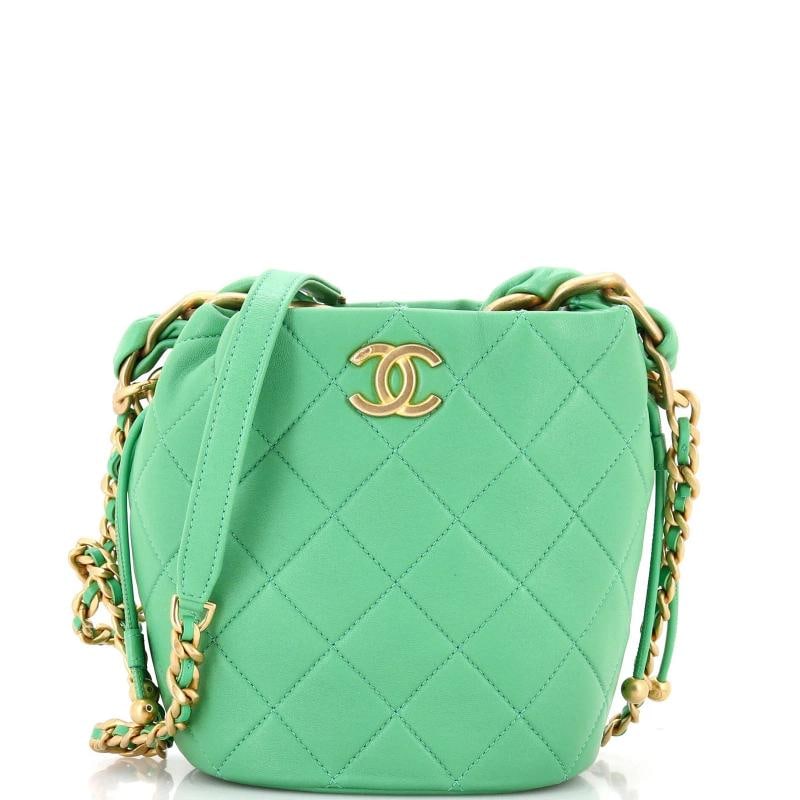 Chanel Entwined Chain Top Handle Drawstring Bucket Bag Quilted Shiny Lambskin: Accessories: Dust Bag, Authenticity Card Measurements: Handle Drop 4.5", Height 6", Width 6", Depth 4", Strap Drop 21". Condition: Pre-owned - Excellent,Brand: Chanel,Exterior Material: