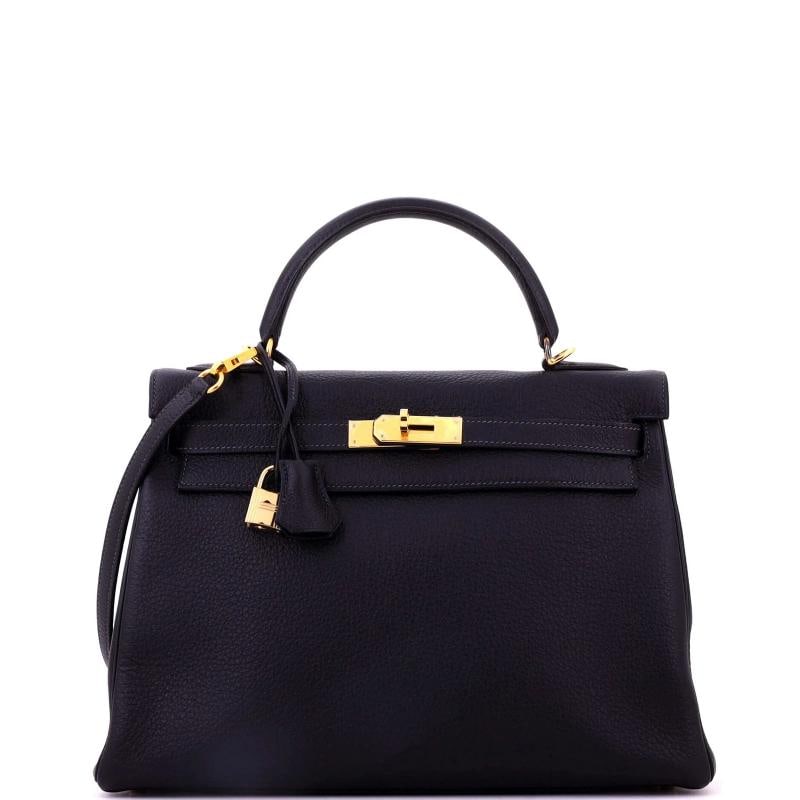 Hermes Kelly Handbag Blue Togo with Gold Hardware 32: Accessories: Keys, Lock, Clochette, With Strap Measurements: Handle Drop None", Height 9", Width 12.5", Depth 4", Strap Drop None". Condition: Pre-owned - Good,Brand: Hermes,Exterior Material: