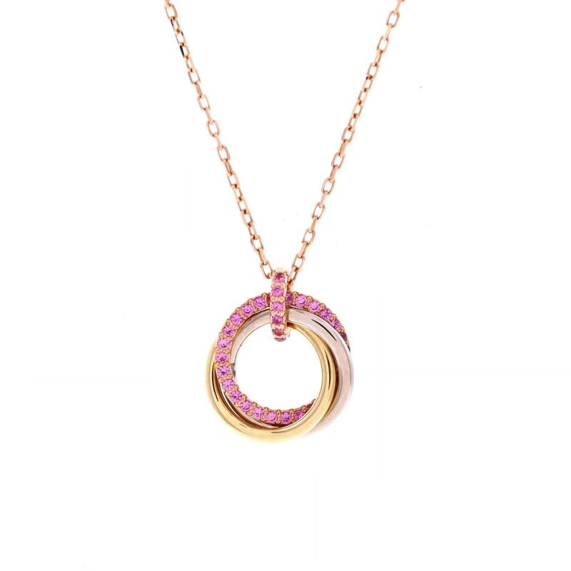 Cartier Trinity Pendant Necklace 18K Tricolor Gold with Pave Pink Sapphires: Measurements: Length: 15.25 - 16.5 ", Pendant Length: 13.35 mm, Pendant Width: 13.35 mm . Condition: Pre-owned - Good,Brand: Cartier,Main Stone: Unknown,Metal: 18K Tri Colored Gold,Metal Purity: