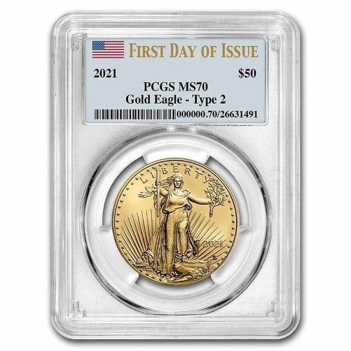 2021 1 oz American Gold Eagle (Type 2) MS-70 PCGS (FDI): Brand: US Mint,MPN: 232513,Year: 2021,Total Precious Metal Content: 1 oz,Precious Metal Content per Unit: 1 oz,Fineness: 0.9167,Denomination: $50.00,Country of Origin: United States,Coin: American