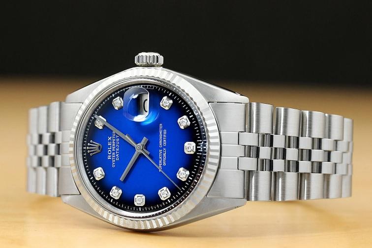 MENS ROLEX DATEJUST BLUE VIGNETTE DIAMOND 18K WHITE GOLD STAINLESS STEEL WATCH - 2