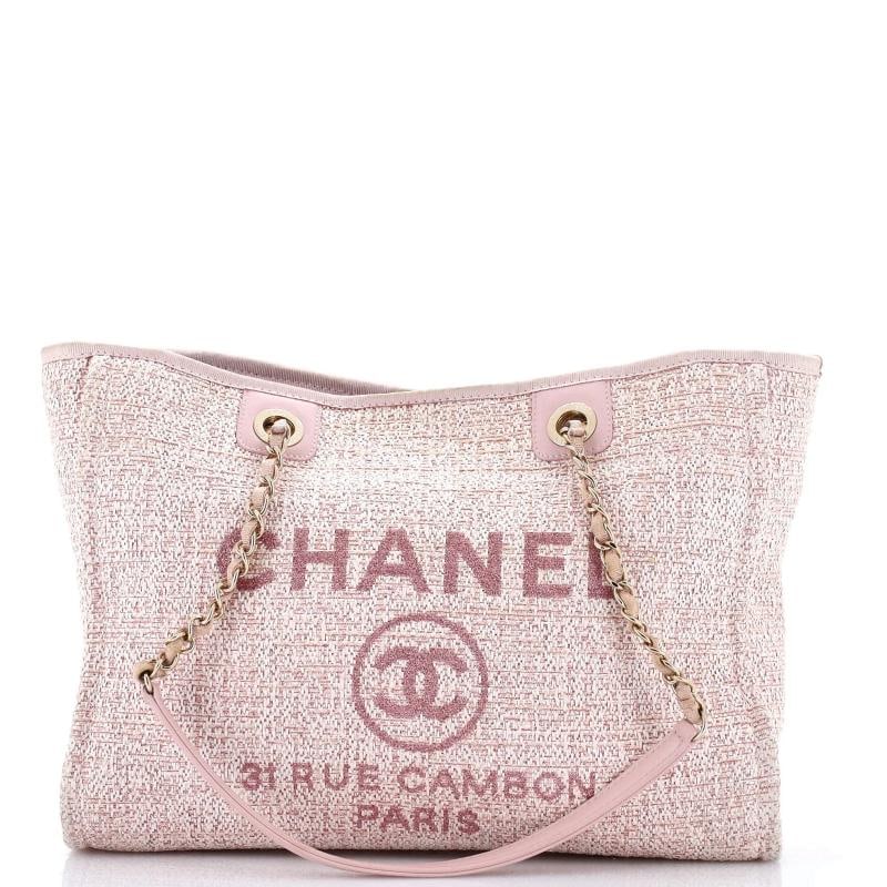 Chanel Deauville Tote Raffia with Glitter Detail Small: Condition: Pre-owned - Good,Brand: Chanel,Exterior Material: Raffia, Glitter,Style: Totes,Exterior Color: Pink,Department: Women,Size: Small,Accessories: Authenticity Card 