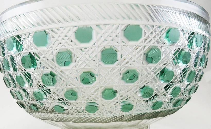 Antique 19th Century Bohemian Czech Cut Green to Clear Glass Punch Bowl - 3