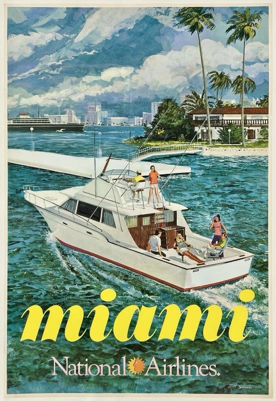 Original Vintage Poster MIAMI NATIONAL AIRLINES Airline Travel South Beach LINEN: Dimensions: 28.5 x 42 in. / 72.4 x 106.7 cm.; Circa: 1960s Original vintage "MIAMI - NATIONAL AIRLINES" airline travel poster, illustrated by BILL SIMON, and printed circa 1960s. 