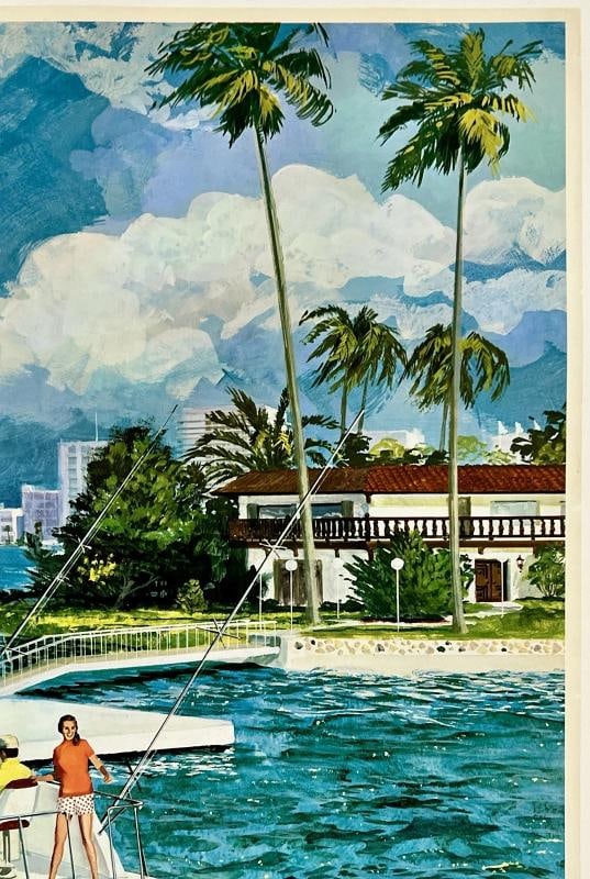 Original Vintage Poster MIAMI NATIONAL AIRLINES Airline Travel South Beach LINEN - 3