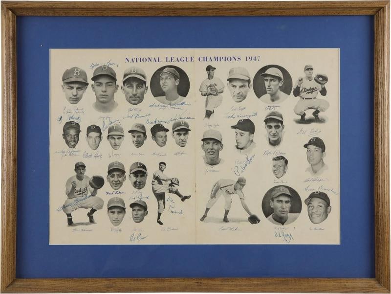Jackie Robinson Rookie 1947 Brooklyn Dodgers Team Signed Program PSA DNA COA: 16 Dodgers signatures. The following '47 Dodgers have autographed the program section, each one signing near his photo: Jackie Robinson, who batted .297 and led the NL in steals (29) and sacrifices